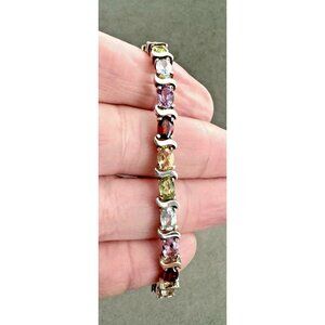 Vintage STERLING Silver Pastel RAINBOW Gemstone TENNIS BRACELET - 7" Long